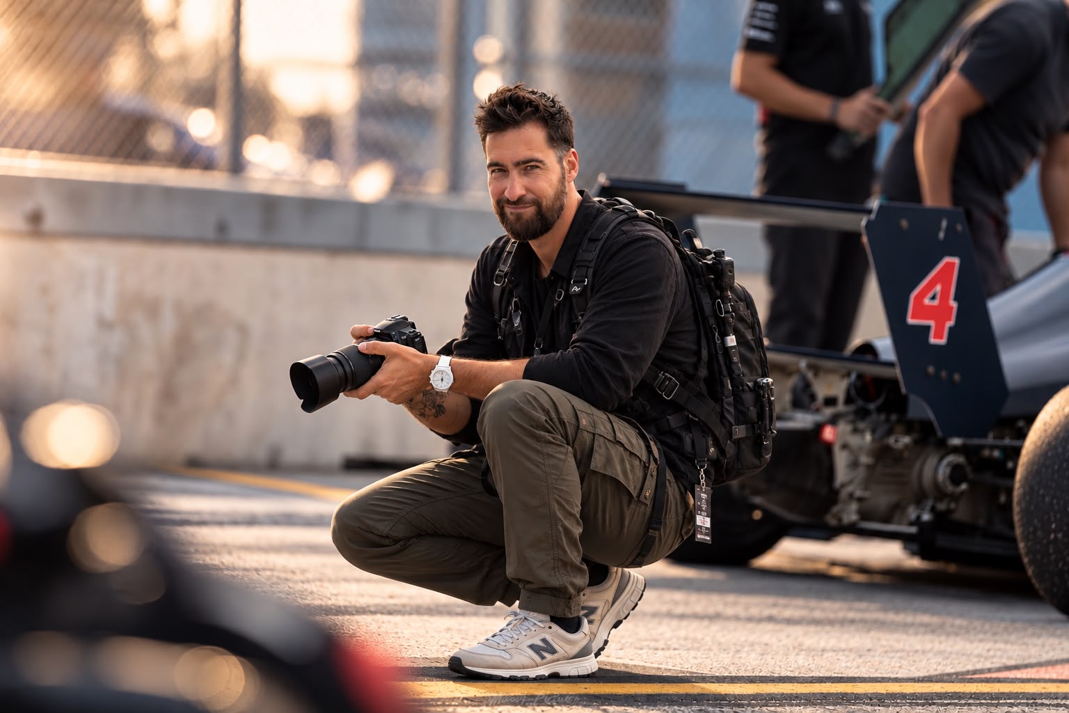 Photographer holding a camera beside a race car at the track